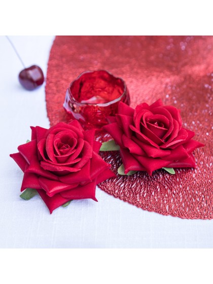 SET 4 RED ROSES VELVET EFFECT DIA 10CM X 5CM