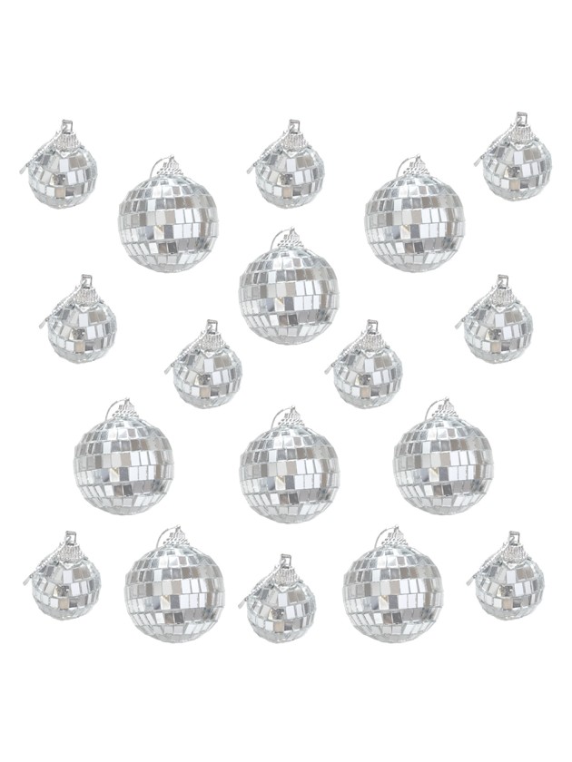 BOX OF 18 SILVER DISCO BALLS 10PCS DIA 3CM / 8PCS DIA 5CM