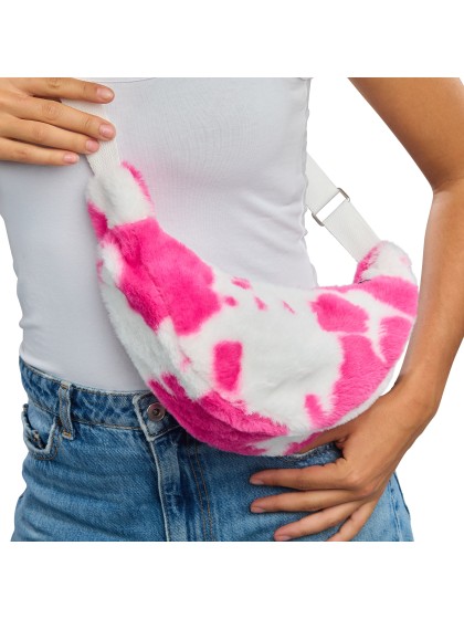 SAC FOURRURE IMPRIME VACHE ROSE ET BLANC 32CM X 10CM X 20CM