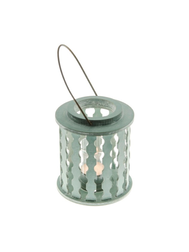 LANTERNE BOIS BLEU CIEL AV BOUGEOIR VERRE 13.5CM X 11.5CM