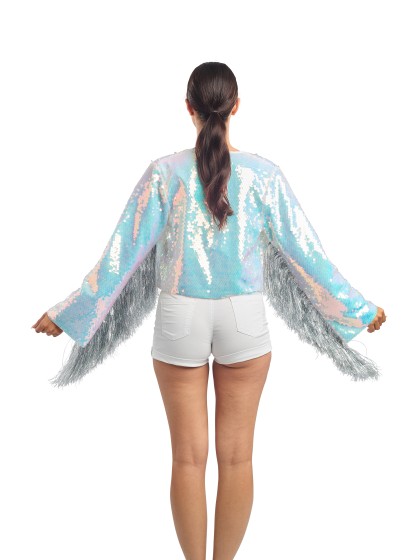 VESTE A SEQUINS ET MANCHES A FRANGES BLANC IRISE L