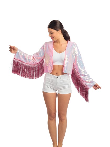 PINK IRIDESCENT SEQUINS JACKET WITH TINSELS FRINGES L