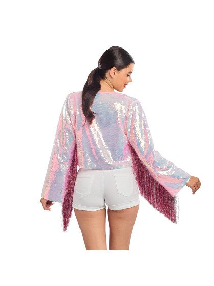 VESTE A SEQUINS ET MANCHES A FRANGES ROSE IRISE M