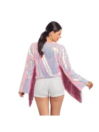 VESTE A SEQUINS ET MANCHES A FRANGES ROSE IRISE M