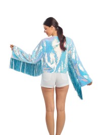 VESTE A SEQUINS ET MANCHES A FRANGES BLEU IRISE L