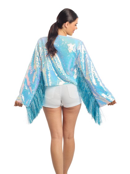 VESTE A SEQUINS ET MANCHES A FRANGES BLEU IRISE M