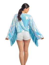VESTE A SEQUINS ET MANCHES A FRANGES BLEU IRISE S