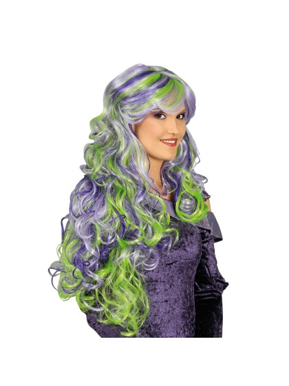 WIG HEAD OF CURLS PURPLE GREEN 